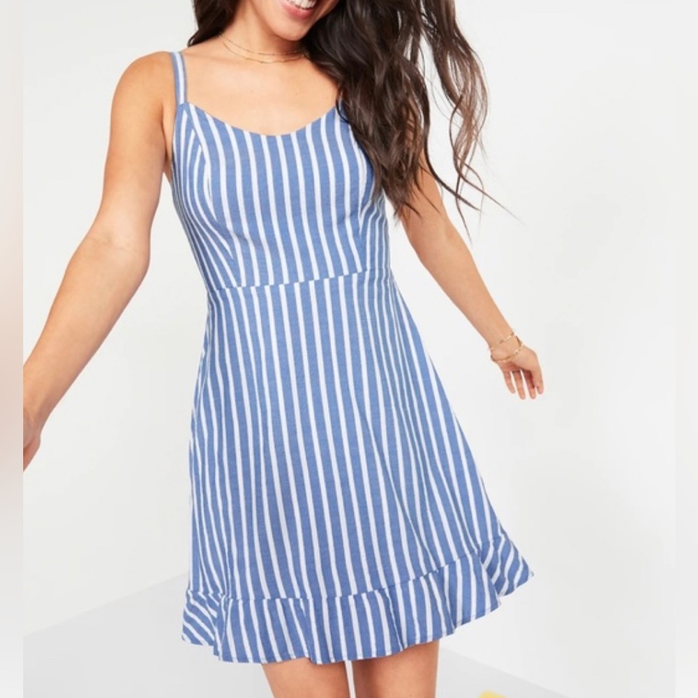 NWT Old Navy Blue & White Striped  Ruffle Hem Fit & Flare Cami Dress Size XXL